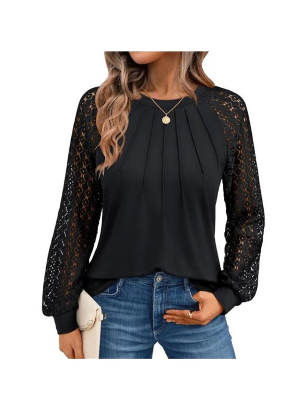 Womens Long Sleeve Shirts Pleated Lace Tops Fall Fashion Outfits